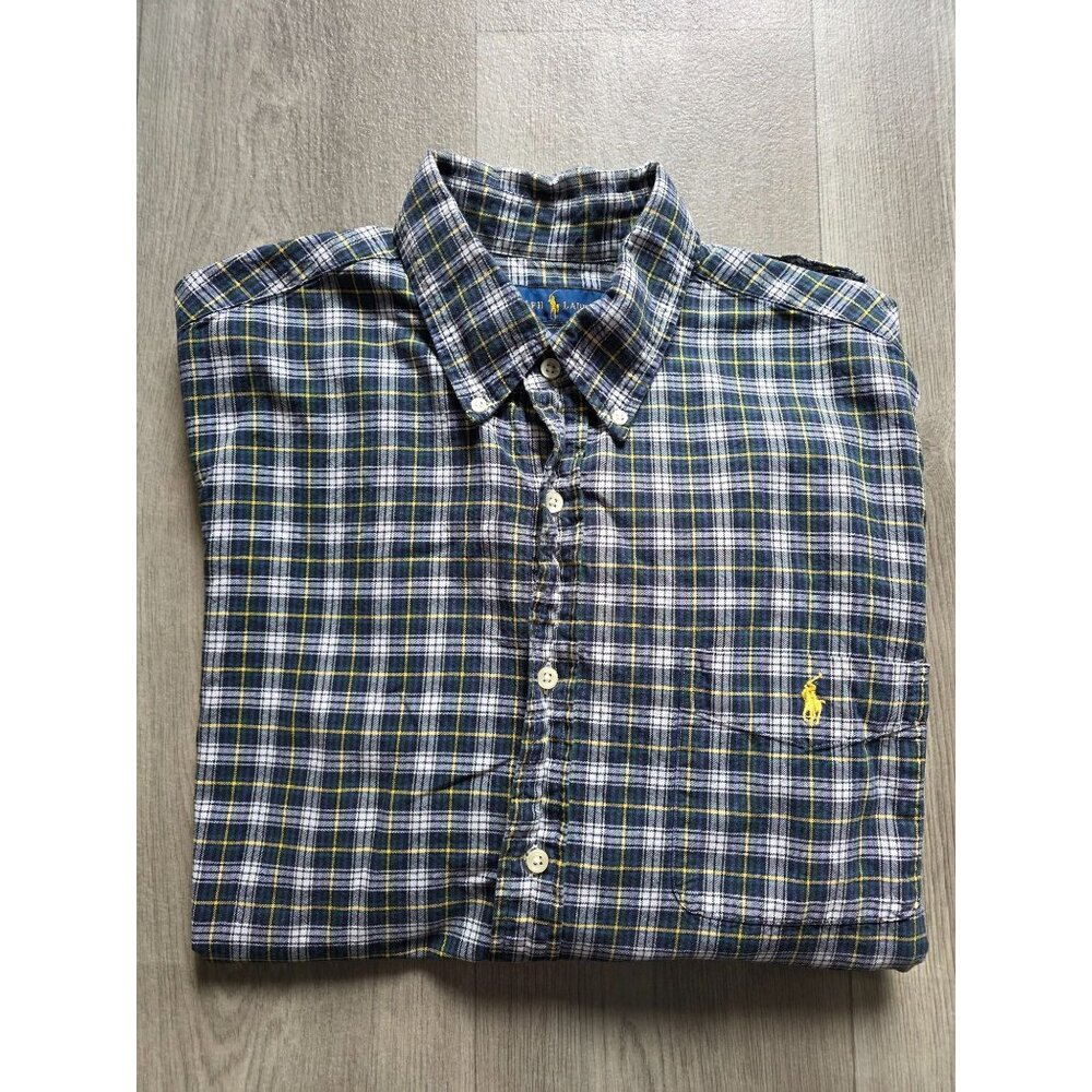 Ralph Lauren Yellow & Blue Plaid Button-Down Shirt XL Heavy Flannel
